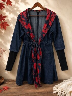 REBORN Denim Hooded Long Jacket M Red Leaf Boho Artsy Coat